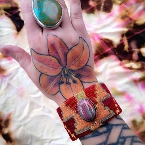 ❤ Artisan Kilim Cuff! Rainbow Calsilica Silver Gemstone Boho Bracelet!
